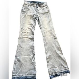 New York & Co. SoHo, high waist, flare leg, light wash denim, distressed raw hem